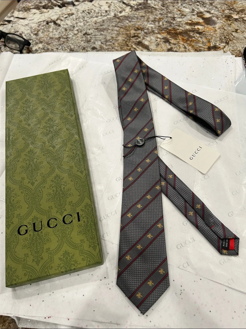 Gucci Gray Silk Stripe Tie with Red Accents and Gold Bee Motif